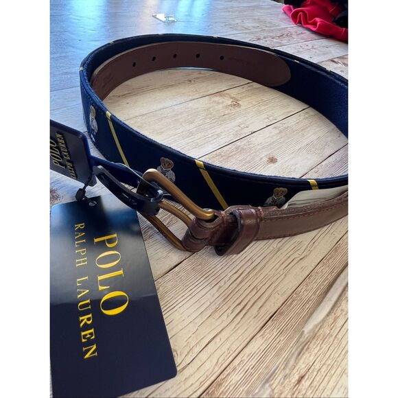 POLO RAPLH LAUREN Bear Logo Leather Trim Men’s Belt Sz 42 Newport Navy Blue NWT - Picture 4 of 7